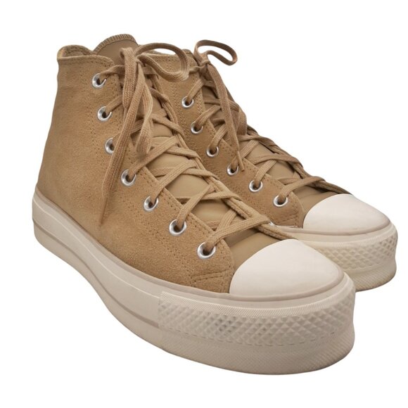 Converse Beige Tan Suede Platform High Top Shoes SZ 10 - Picture 4 of 13
